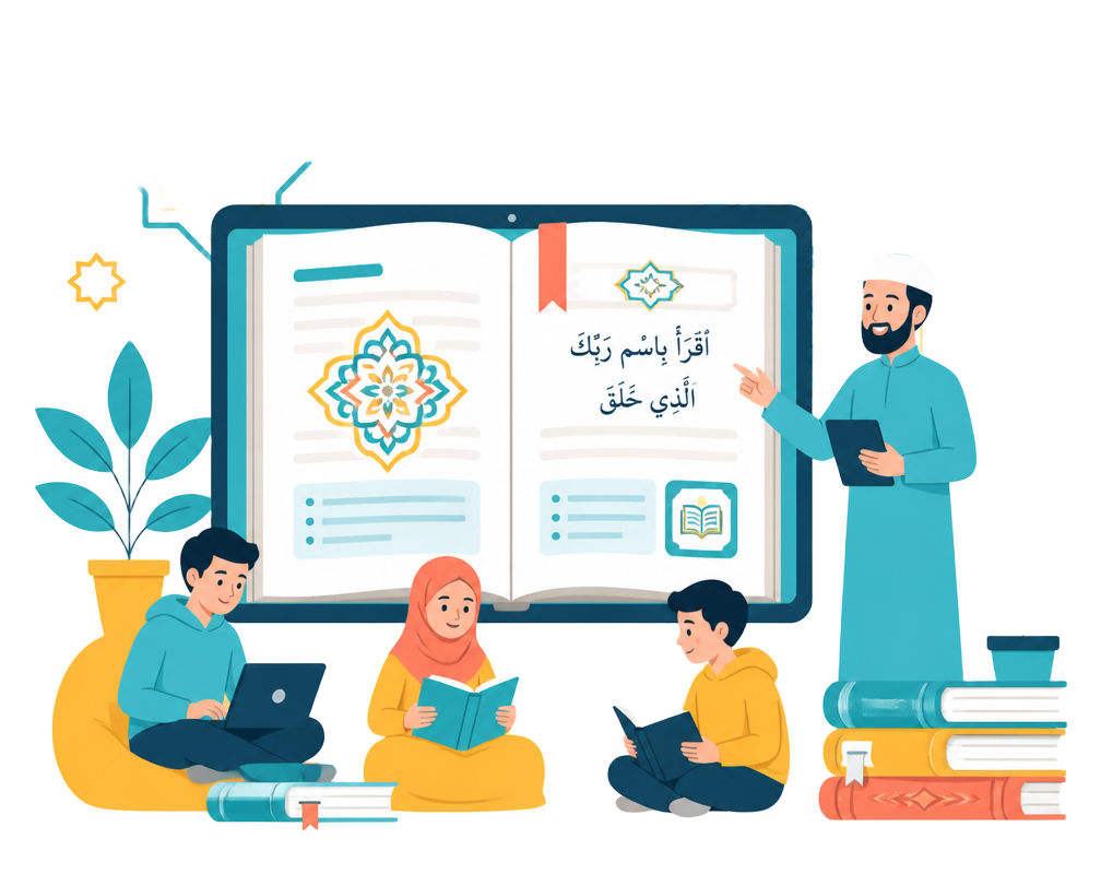 Lehrkraft und Lernende mit arabischem Lehrbuch
